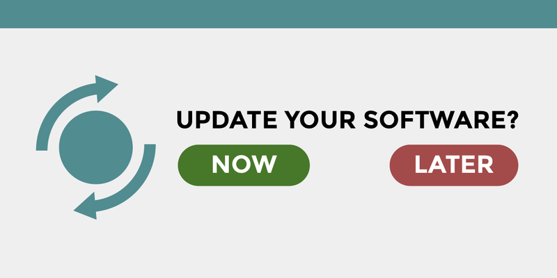 A popup window that says: "Update your software?" followed by a green button labeled "Now" and a red button labeled "Later".