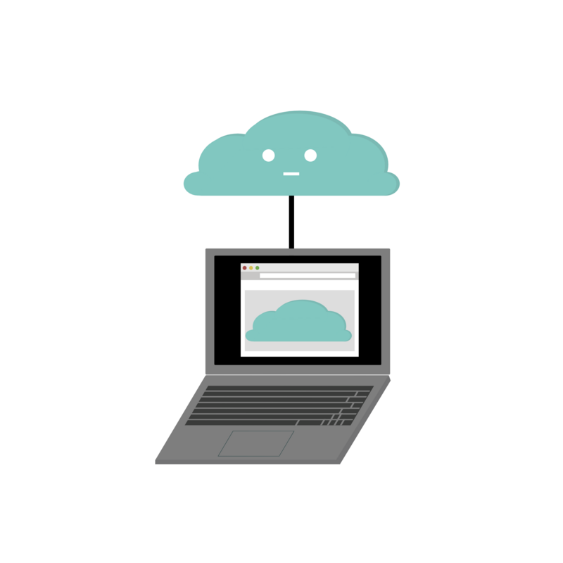 a drawing of a laptop with a line connecting it to a cloud. The cloud has a face. Its expression is uncertain.